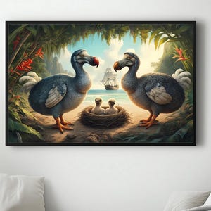 Lámina artística de una familia de dodos: anidando en una playa de Mauricio con un barco al fondo. Decoración de pared de una ave histórica extinta / Arte animal antiguo.