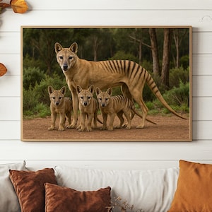 Thylacine Family Art Print: Tasmanian Tiger with Joeys, Australian Wildlife Decor