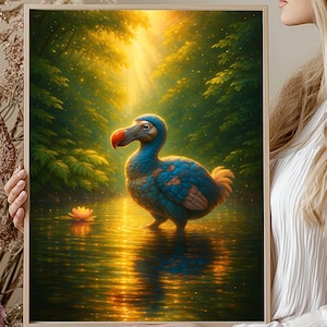 Lámina artística de un dodo vadeando un arroyo en Mauricio, póster de un pájaro mágico del bosque, arte mural de animales extintos de fantasía/decoración surrealista con animales