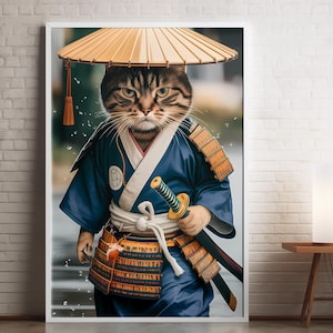 Samurai Cat in the Rain – Epic Warrior Art Print with Japanese Village Aesthetic - HQ Poster