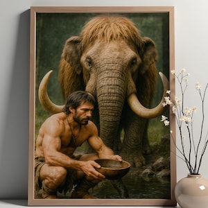 Prehistoric Man at Stream with Drinking Pygmy Mammoth Art Print – Ancient Wilderness Scene Featuring Water Bowl Ritual | Extinct Animal Art