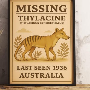 Missing Thylacine Poster – Tasmanian Tiger Extinct Animal Art Print – Last Seen 1936 in Australia – Vintage Wildlife Conservation Decor