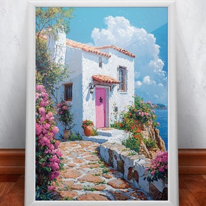 Charming White Greek House with Pink Door & Blooming Bougainvillea Overlooking the Mediterranean Coast Poster - Greek Art Print