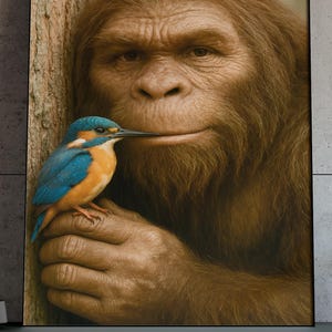 Póster de Pie Grande sosteniendo suavemente a un martín pescador en el bosque: Impresión artística de fantasía, vida silvestre y amistad que conecta mitos y naturaleza - Arte de críptidos Sasquatch