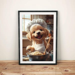 Golden Retriever Puppy Baking Poster - Cute Chef Dog with Dough - Rustic Kitchen Wall Art - Wall Art - Fine Art - HQ Poster