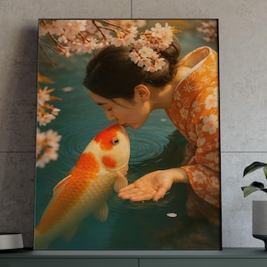 Japanische Frau im Kimono küsst Koi Fische unter Kirschblüten Poster - Gelassene Reise Kunstdruck Feiert Harmonie und Frühlingsschönheit