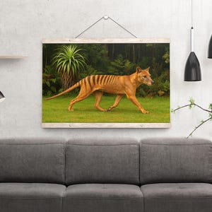 Thylacine (Tasmanian Tiger) in Tasmanian Wilderness with Pandani Plant and Lush Forest Poster – Extinct Wildlife Fine Art Nature Art Print