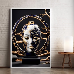 Kintsugi-kunstprint – vrouwelijk masker met gouden barsten, Wabi-Sabi-esthetiek, Japanse poster filosofie van onvolmaaktheid - herstelde aardewerkkunst