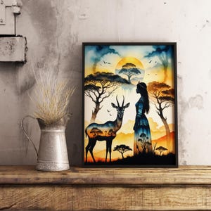 May include: A watercolor painting of a woman in a flowing gown standing in a savanna landscape with a gazelle. The woman is wearing a crown and the gazelle is looking at her. The background is a sunset with a large sun in the sky.