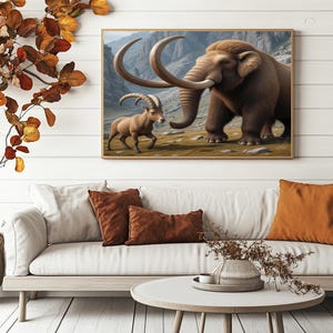Woolly Mammoth and Alpine Ibex Roam Through Rocky Highland Landscape in Prehistoric Encounter Art Print | Extinct Animal Poster