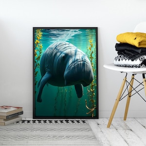 Póster submarino de vaca marina de Steller: majestuoso animal marino extinto en un bosque de algas marinas, póster de vida silvestre submarina, decoración de pared de historia natural
