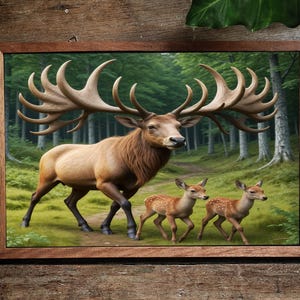 Alce irlandés con cervatillos en un bosque antiguo: Impresión artística de megafauna extinta que celebra la belleza prehistórica y las especies perdidas / Póster de animales extintos