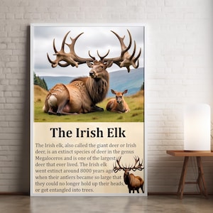The Irish Elk - Illustriertes Poster von ausgestorbenem Riesenhirsch mit ikonischem Geweih, perfekt für Wildtier- und Naturliebhaber | Kunstdruck