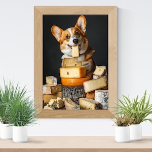 Stampa artistica Corgi con formaggio - Adorabile cane che tiene in mano del formaggio tra formaggi gourmet e salumi in stile rustico / Poster cane Corgi