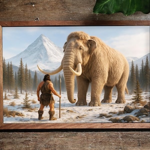Prehistoric Man Faces Pale Woolly Mammoth in Winter Forest Wall Art Print  | Snowy Mountain Backdrop | Extinct Ice Age Animal Poster