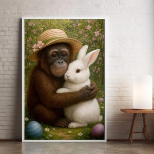 Baby Orang-Utan umarmt weißen Hasen im Blumengarten - niedlicher Wildtier Wand-Kunst-Druck mit Ostereiern & Frühlingswiese | Tierposter