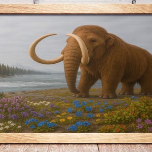 Mamut lanudo caminando junto a un río ártico entre flores alpinas en un sereno paisaje de tundra / Lámina artística – Póster de naturaleza prehistórica