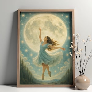 Himmlische Ballerina tanzt unter dem Vollmond im Sternenhimmel mit einem fließenden blauen Kleid, das sich in den Kosmos einfügt Wandkunst | Plakat