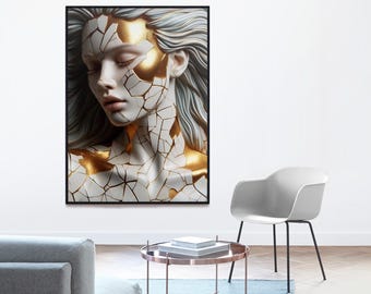 Kintsugi Weibliche Porträt Kunstdruck: Goldene Imperfektion, Japanisches Dekor