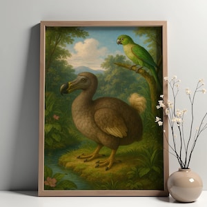 Stampa artistica di un uccello estinto, il dodo e il parrocchetto di Mauritius in una foresta tropicale mauriziana – Un omaggio alle specie insulari perdute / Poster di animali estinti