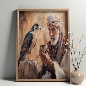 Puede incluir: Una pintura de un hombre mayor con barba blanca que lleva un tocado tradicional y sostiene una taza. Un halcón está posado en una roca junto a él.