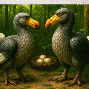 Pareja realista de dodos anidando en el bosque de Mauricio – Póster de especies animales extintas de islas – Impresión artística mural de conservación, historia y naturaleza