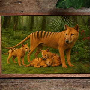 Thylacine Family in the Tasmanian Wilderness Wall Art Print – Tasmanian Tiger Mother with Joeys in Forest Habitat – Extinct Animals Poster