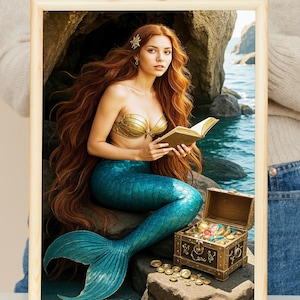 Poster Rothaarige Meerjungfrau beim Lesen neben der Schatzkiste an der felsigen Küste – Fantasy Ocean Art Print mit goldenem Muscheloberteil und blauer Schwanzspitze