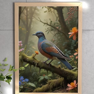 Farbenfrohe passagiertaube thront unter Waldblumen Poster – Ausgestorbene Vogelarten Tribut Art Print – Realistische Natur und Vogel Wandkunst