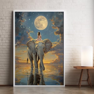 Mädchen, das einen Elefant reitet, der im Wasser reflektiert wird, während es den Mond unter einem Sternenhimmel anstarrt Kunstdruck | Plakat
