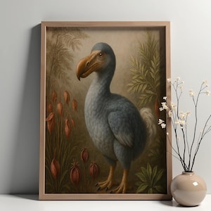 Pájaro dodo en un exuberante entorno botánico: lámina artística de especies extintas entre vainas tropicales y plantas ornamentales / Póster de animal extinto