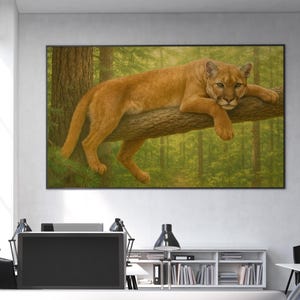 Cougar Resting on Tree Limb in a Temperate Coniferous Forest – Fine Art Print of a Mountain Lion in Evergreen Woodland | Wildlife Poster