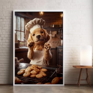 Golden Retriever Chef Art Print- Adorable Puppy Baking Cookies - Rustic Kitchen Wall Art - HQ Poster - Fine Art