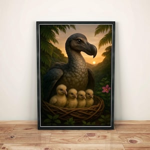 Stampa artistica di un genitore di dodo e dei suoi pulcini al tramonto a Mauritius / Poster della famiglia di dodo - Poster di un tenero uccello estinto - Arte murale di un animale estinto