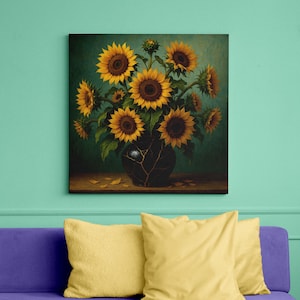 Op de afbeelding: Een vierkante canvas print met een stilleven van zonnebloemen in een donkere vaas. De zonnebloemen hebben gele bloemblaadjes en bruine centra. De vaas is zwart met een gebarsten ontwerp. Gele kussens liggen op een paarse bank.