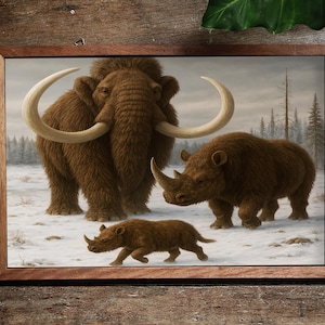 Woolly Mammoth and Woolly Rhinoceroses in Ice Age Winter Scene – Prehistoric Giants Roaming Snowy Steppe of the Pleistocene | Wall Art Print