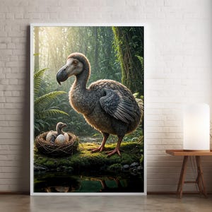 Impresión artística de un majestuoso dodo con cría: ilustración de la naturaleza para arte mural único: póster de animales extintos: arte y decoración del hogar inspirados en la naturaleza