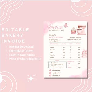Puede incluir: Plantilla de factura de panadería rosa con detalles en acuarela. La factura incluye detalles para Olivia Wilson, que enumera galletas, cupcakes, pastel, tarta de manzana y donuts. Descarga instantánea, edición de Canva y fácil personalización.