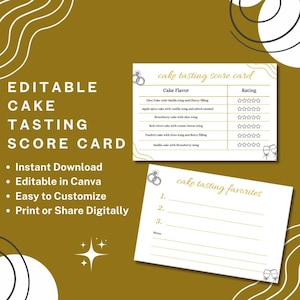 May include: A gold-toned background features a cake tasting score card and a cake tasting favorites card. The score card lists cake flavors and a rating section. The text reads "Editable Cake Tasting Score Card."