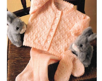 Patrón de tejido de chaqueta, leggings y mitones vintage para bebé (PDF) – Punto texturizado – 4 tallas – Hilo doble – Descarga instantánea