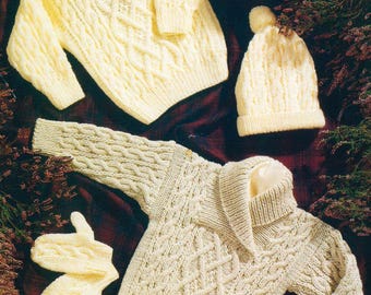 Vintage Aran Pullover, Mütze & Handschuhe Strickmuster PDF Baby bis Teenager Größen Zopfmuster Diamantstich Digitaler Download - Irish Style Knit