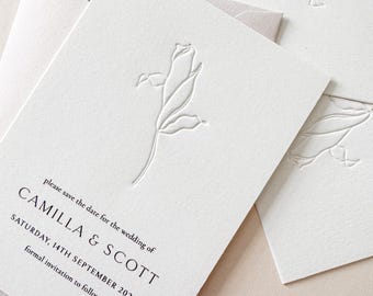 Floral Letterpress Save the Date Cards: Minimalist Wedding