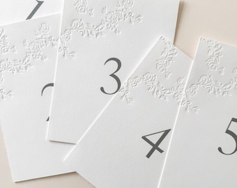 Wedding Table Numbers with Letterpress Floral Design | Elegant Table Cards | Minimal Wedding Table Decor | Letterpress Table Numbers