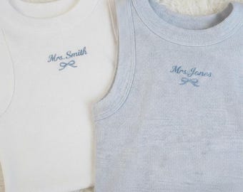 Custom Embroidered Bride Tank Top, Custom Mrs Tank Shirt, Engagement Reveal Outfit, Bachelorette Party Gift for Bride