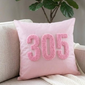 Puede incluir: Un cojín decorativo rosa claro con el número "305" bordado en hilo rosa claro texturizado. El cojín cuadrado descansa sobre un sofá de color claro, con una manta blanca visible.