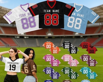 Camiseta corta de fútbol personalizada para equipo, top corto con nombre, número y logotipo personalizados, uniforme de animadora, regalo perfecto para mujeres y aficionadas al fútbol.