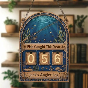Puede incluir: Registro de pesca de madera con una escena submarina azul y el texto "Fish Caught This Year". El contador muestra "056". El texto inferior dice "Jack's Angler Log". El letrero está colgado de una cadena.