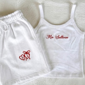 Custom Embroidered Mrs Tank and Shorts Set, Personalized Bridal Lounge Outfit, Bride Getting Ready Set, Bridal Party Gift