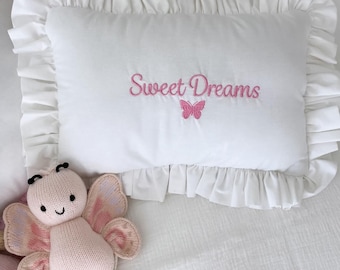 Custom Ruffled Baby Name Pillow, Personalized Embroidered Newborn Cushion, Baby Shower Gift, Nursery Room Decor, Newborn Bedding Accent