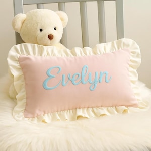 Personalized Ruffled Baby Name Pillow, Custom Embroidered Newborn Cushion, Baby Shower Gift, Nursery Room Decor, Newborn Bedding Accent